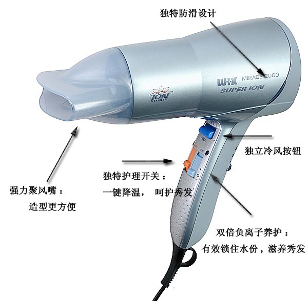德國偉嘉(WIK) 大功率電吹風(fēng)機(jī) 5558.20 cica(2000w、7倍超強(qiáng)負(fù)離子、4檔雙冷風(fēng)、高濃度負(fù)離子、9種熱力)